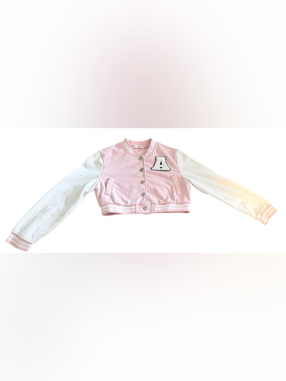 SHEIN Pink and White Cropped Varsity Jacket